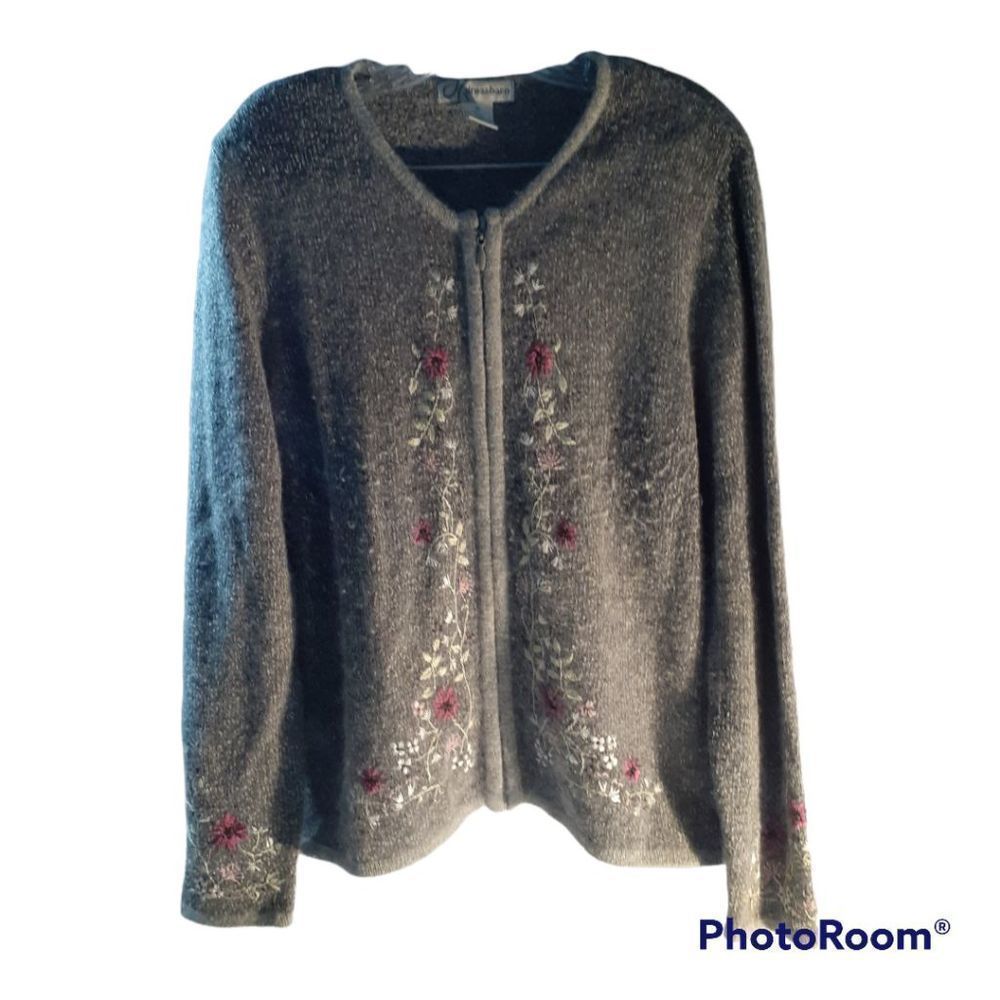 🎀 Dressbarn Zip Up Sweater Embroidered Floral, Silk, Angora Sz M